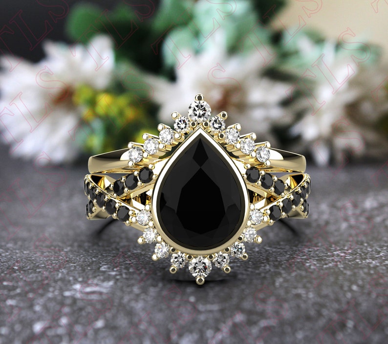 Pear 8x6mm Natural Black Onyx Wedding Ring Black Rhodium 925 - Etsy