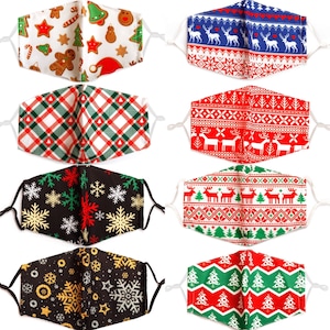 May include: Set of eight Christmas-themed face masks. The masks feature various holiday patterns, including snowflakes, reindeer, and Christmas trees. The masks are made of a soft, breathable fabric and are reusable and washable.