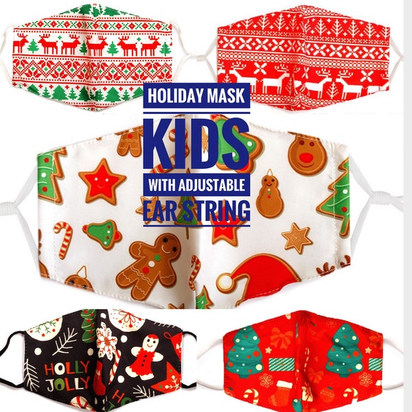 Kids Holiday Masks - Adjustable Ear String Unisex Face Mask. Breathable, Washable Fabric Cover with inner filter pocket + 1 free filter