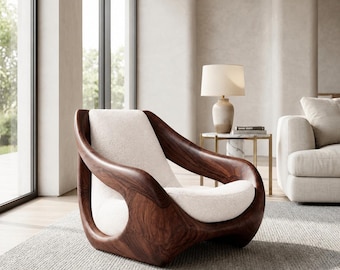 Spry Interior Sculptural Natural Wood Accent Chair, Artistic Handcrafted Solid Wood Lounge Armchair for Living Room