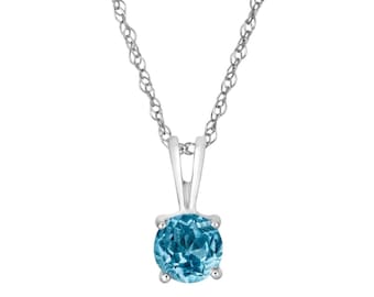 14K solitaire hanger ketting met blauwe topaas - 14K witgouden ronde ketting met blauwe topaas - ketting geboortesteen december - verjaardagscadeau voor haar