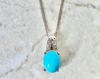 14K Turquoise Pendant Necklace - Solid 14K Rose Gold Turquoise Necklace - Turquoise & Diamond Necklace - December Birthstone Necklace