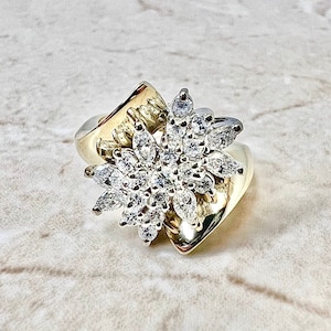 1 CTTW Vintage 14K Diamond Cluster Ring - Solid 14K Gold Diamond Ring - Diamond Cocktail Ring - Statement Ring - Anniversary Gift For Her