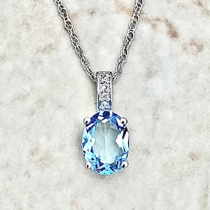 14K Diamond & Oval Swiss Blue Topaz Pendant Necklace - 14K White Gold Topaz Necklace - November December Birthstone Necklace - Birthday Gift
