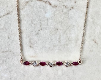 Collar con barra de diamantes y rubí en oro de 14 quilates - Collar con colgante de rubí en oro rosa de 14 quilates - Collar con rubí genuino - Collar con piedra de nacimiento de julio - Regalo para ella