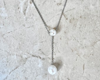 Sterling Silver White Pearl Lariat Necklace - Genuine Pearl Necklace - Pearl Lariat Pendant Necklace - Birthday Gift - June Birthstone