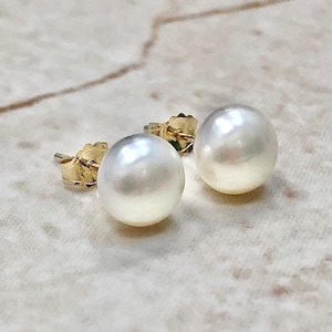 14K White Pearl Stud Earrings - Yellow Gold - Genuine Freshwater Button Pearls - June Birthstone - Best Birthday Gift For Her