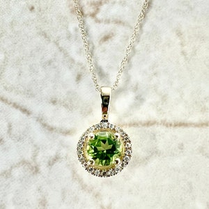 14K Round Peridot Halo Pendant Necklace - 14K Yellow Gold Peridot Necklace - Peridot Pendant - Halo Necklace - August Birthstone Necklace