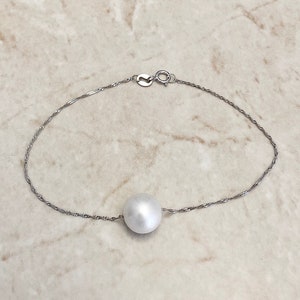 14K White Gold White Pearl Bracelet - Genuine Pearl Bracelet - Single Pearl Bracelet - Birthday Gift - June Birthstone - Best Gift For Her