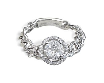 ZYDO Italy "Ti Amo" 18K White Gold Natural Diamond Cluster Halo Ring - Gold Chain Ring - Diamond Wedding Ring - Illusion Setting Ring