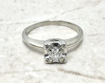 Vintage 1940 Diamant Verlobungsring - 14K Weißgold Diamant Solitär Ring - Vintage Solitär - Diamant Ehering - Weißgold Ring
