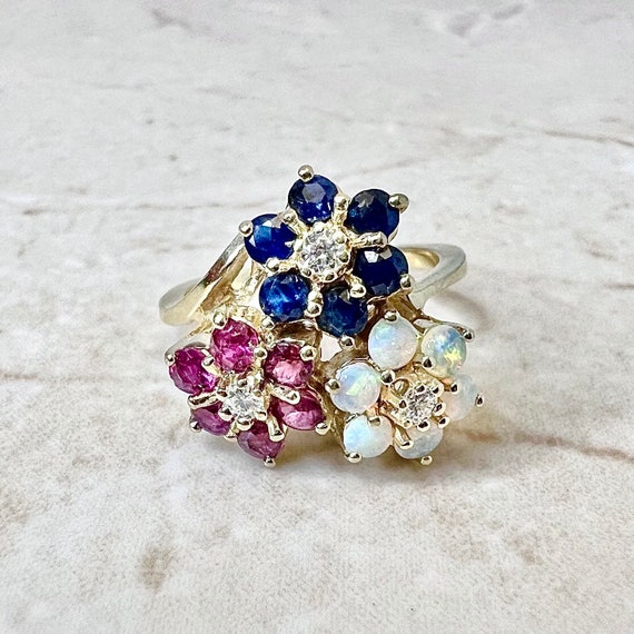 14K Sapphire, Opal Diamond & Ruby  Flower Ring - 1