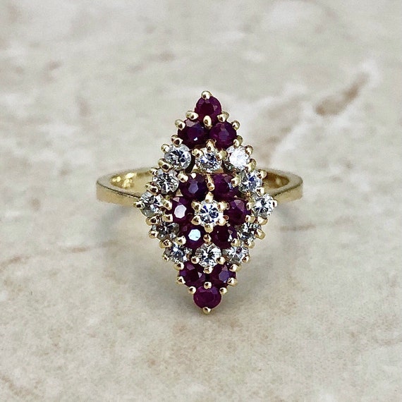 Fine Vintage 18K Ruby & Diamond Navette Ring - Ye… - image 1