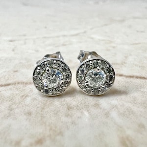 14K Round Diamond Halo Stud Earrings 1/2 CT - 14K White Gold Diamond Studs - Diamond Halo Earrings - Natural Diamond Earrings - Gift For Her