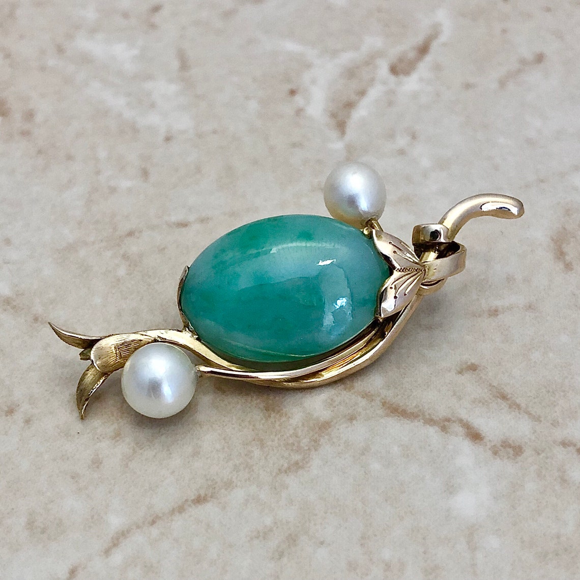 Vintage 14K Jadeite Jade & Pearl Pendant Necklace Yellow Etsy