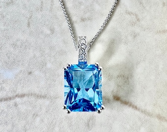 Large 14K Swiss Blue Topaz & Diamond Pendant Necklace - 14K White Gold Topaz Pendant - November December Birthstone Pendant - Birthday Gifts