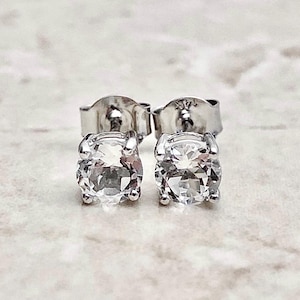 14K Round White Topaz Stud Earrings - 14K White Gold White Topaz Earrings - November Birthstone Earrings For Women - Birthday Gift For Her