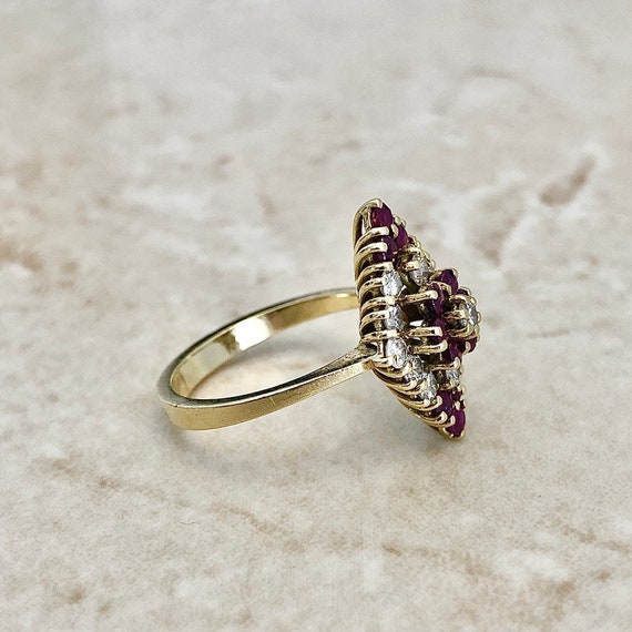 Fine Vintage 18K Ruby & Diamond Navette Ring - Ye… - image 4