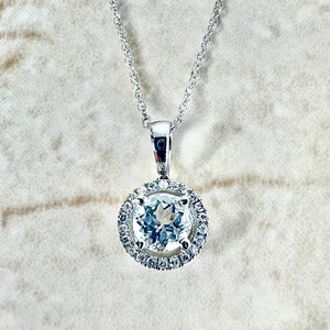 14K Aquamarine Halo Pendant Necklace - 14K White Gold Aquamarine Necklace - Halo Necklace - Aquamarine Pendant - March Birthstone Necklace