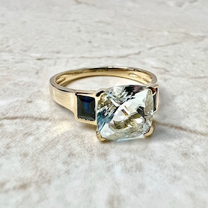 18K Aquamarine & Sapphire Ring  - Yellow Gold Aquamarine Ring - Three Stone Aquamarine Ring - Aquamarine Engagement Ring - Birthstone Rings