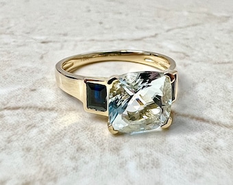 18K Aquamarine & Sapphire Ring  - Yellow Gold Aquamarine Ring - Three Stone Aquamarine Ring - Aquamarine Engagement Ring - Birthstone Rings