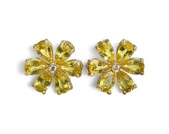 ZYDO Italy "Fiori d’Oro" 18K Yellow Gold Natural Yellow Sapphire & Diamond Flower Earrings - Yellow Sapphire Earrings - Statement Earrings