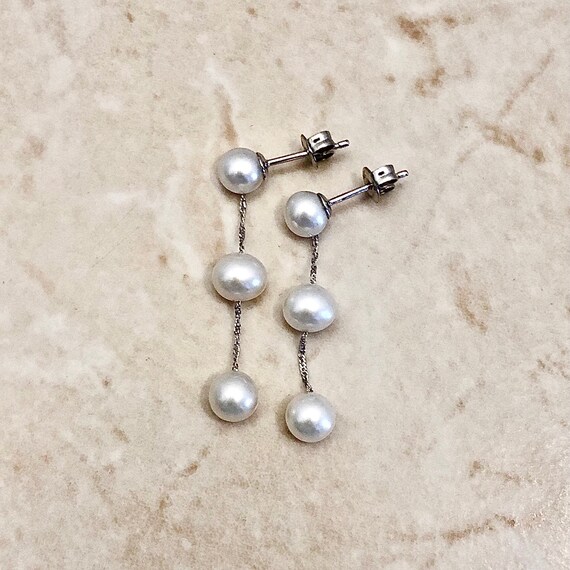 14K Tin Cup Pearl Drop Earrings 14K White Gold Pearl Earrings
