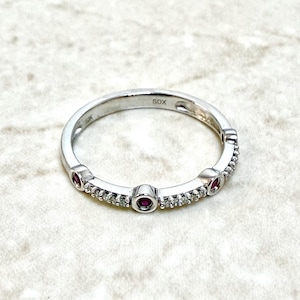 10K Natural Diamond & Ruby Band Ring - Solid 10K White Gold Ruby Ring - Half Eternity Ring - July Birthstone Ring - Valentine’s Day Gifts