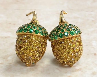 Important 18K Yellow Diamond & Tsavorite Garnet Acorn Earrings By Carvin French - 18K Yellow Gold Diamond Earrings - Christmas Gifts For Her