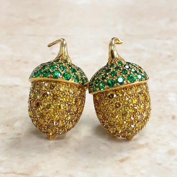 Important 18K Yellow Diamond & Tsavorite Garnet Acorn Earrings by Carvin  French 18K Yellow Gold Diamond Earrings Christmas Gifts for Her - Etsy