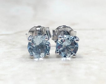 14K Round Aquamarine Stud Earrings - White Gold Aquamarine Earrings - March Birthstone - Genuine Gemstone - Birthday Gift For Her