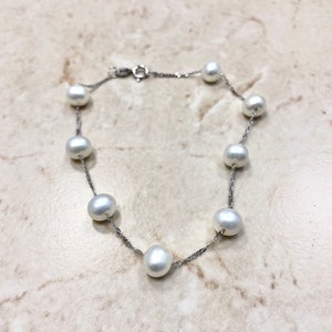 14K Tin Cup Pearl Bracelet - Solid 14K White Gold White Pearl Bracelet - Genuine Freshwater Pearl - Birthday Gift - June Birthstone Bracelet