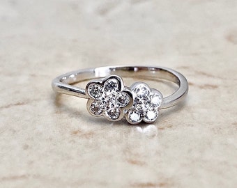 14K Toi Et Moi Flower Diamond Ring - White Gold Bypass Ring - April Birthstone - Promise Ring - Anniversary Ring - Birthday Gift For Her