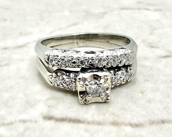 Vintage 1940’s 14K Diamond Engagement Ring Set - 14K White Gold Diamond Solitaire Ring - Diamond Wedding Set - Wedding Ring - Bridal Ring