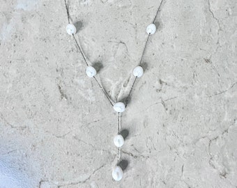 Sterling Silver White Pearl Lariat Necklace - Genuine Pearl Necklace - Freshwater Pearl - Birthday Gift - June Birthstone -Best Gift For Her