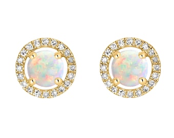 14K Gold Natural Opal Halo Earrings - 14K Yellow Gold Opal Earrings - Opal Studs - Diamond Halo Stud Earrings  - October Birthstone Earrings
