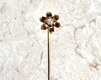 Antique Victorian Yellow Gold Seed Pearl Stick Pin - 14K Yellow Gold Pin - Natural Pearl Pin - Gold Hat Pin - Antique Stick Pin - Flower Pin
