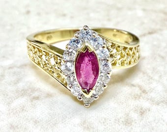 Vintage 14K Ruby & Diamond Halo Ring - 14K Two Tone Gold Ruby Ring - Ruby Halo Ring - Ruby Bypass Ring - July Birthshone Ring - Gift For Her