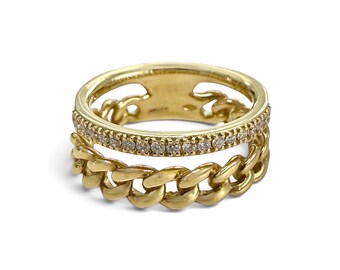 ZYDO Italy "Due Passioni" 18K Yellow Gold Natural Diamond Double-Band Ring - Gold Chain Ring - Half Eternity Wedding Band - Anniversary Gift