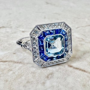 Anillo de platino fino hecho a mano con halo de diamantes y zafiro aguamarina estilo art déco - Anillo de aguamarina - Anillo de compromiso - Anillos de promesa para ella