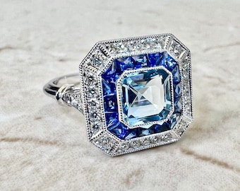 Fine Handcrafted Platinum Art Deco Style Aquamarine Sapphire & Diamond Halo Ring - Aquamarine Ring - Engagement Ring - Promise Rings For Her