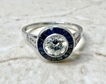 Fine Handcrafted Platinum Art Deco Style Diamond & Sapphire Halo Ring - Diamond Halo Engagement Ring - Promise Ring - Vintage Style Ring