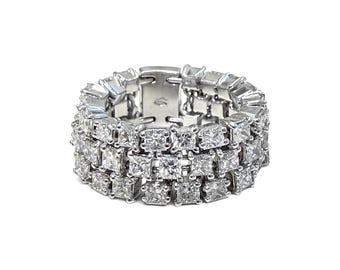 ZYDO Italy "Promessa Eterna" 18K White Gold 4.45 CT Natural Princess Cut Diamond Three-Row Eternity Band Ring - Diamond Wedding Band