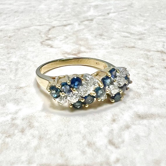 Vintage 14K Natural Diamond & Sapphire Band Ring - Solid 14K Two Tone Gold Sapphire Ring - September Birthstone Ring - Birthday Gift For Her