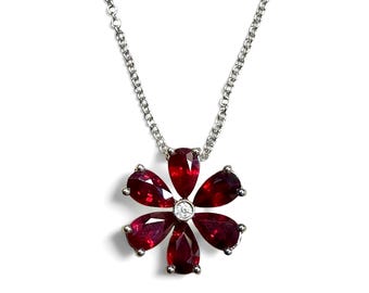 ZYDO Italy "Bellezza Fiorita" 18K White Gold Natural Ruby Flower Pendant Necklace - Flower Necklace - Ruby & Diamond Pendant - Ruby Necklace