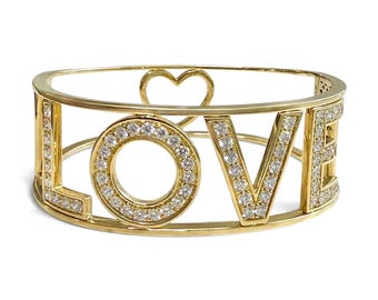 ZYDO Italy "L’Amore" 18K Yellow Gold LOVE 2.36 CT Natural Diamond Bangle Bracelet - Statement Diamond Bracelet - 18K Gold Heart Bracelet
