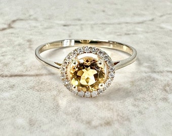 14K Round Citrine Halo Ring - Yellow Gold Citrine Ring - Gemstone Halo Ring - Citrine Promise Ring - November Birthstone Gift -Birthday Gift