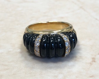 Vintage 18K Black Onyx & Diamond Ring By Carvin French - Solid 18K Yellow Gold Black Onyx Ring - Black Onyx Cocktail Ring - Gift For Her
