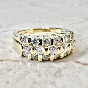 14K Gold Triple Row Diamond Band Ring - Solid 14K Yellow Gold Ring - Diamond Wedding Ring - Diamond Wedding Band - Anniversary Gift For Her