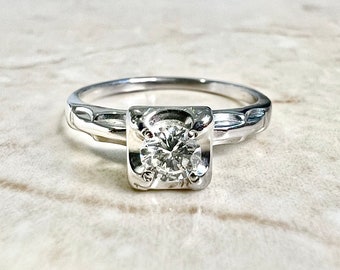 14K Vintage Retro 0.3 CT Diamond Engagement Ring - Solid 14K White Gold Diamond Solitaire Ring - Diamond Wedding Ring - Vintage Diamond Ring